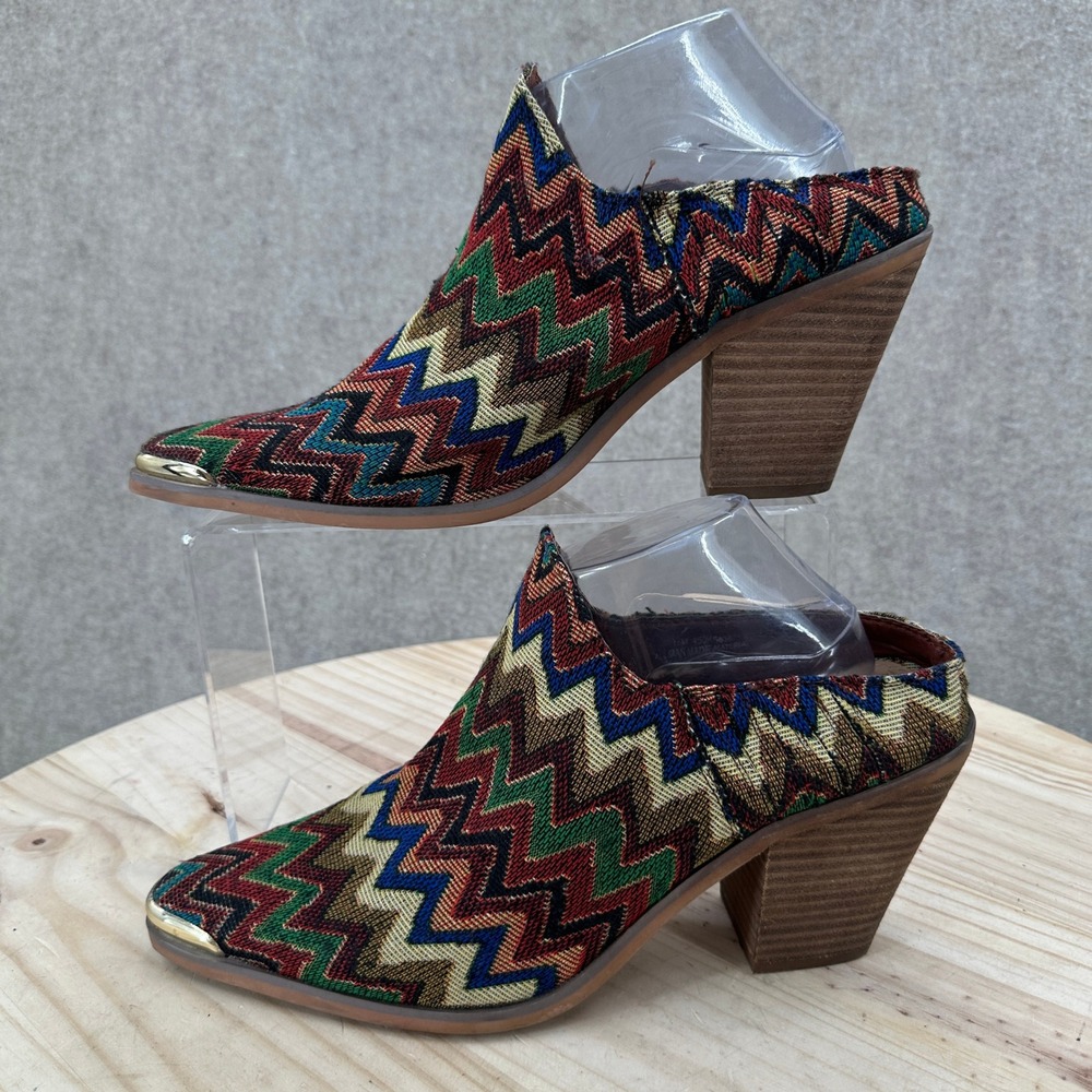 Comfort Plus Mules Womens 11 Multicolor Chevron Woven Gold Toe Block Heel
